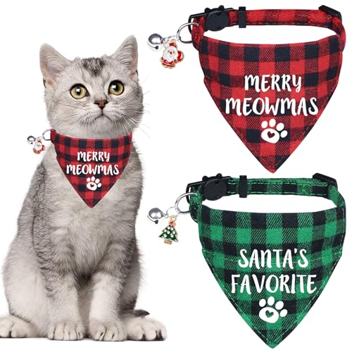 STMK 2 Stück Weihnachts-Katzen-Bandana-Halsband mit Glöckchen, Breakaway-Katzen-Bandana, Halsband mit Glocke, Weihnachtsmann, Weihnachtsbaum, für Weihnachten, Katzen, Kostüme, Outfits (Merry Meowmas & von STMK