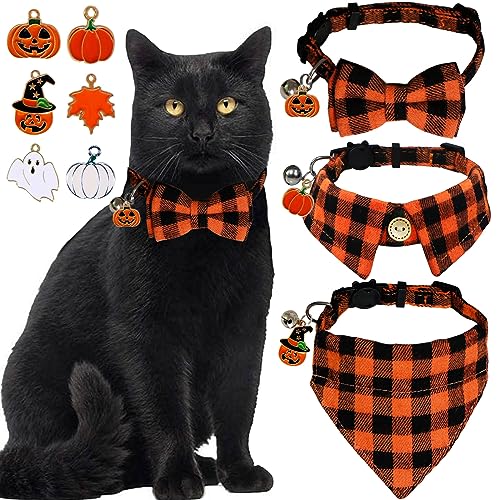 STMK 3 Stück Urlaubskatzenhalsbänder mit Glocke, Breakaway Halloween Thanksgiving Day Katze Kätzchen Halsbänder mit Fliege Bandana Shirt Glocke Kürbis Geist Ahornblatt für Urlaub Katzen Kätzchen von STMK