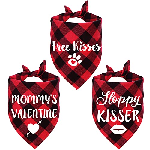 STMK 3erPack Valentinstag Hundehalstuch, Valentinstag Plaid Hund Welpe Bandana für Hund Welpe Valentinstag Hochzeit Urlaub Party Dekorationen (rot, kostenlose Küsse & Mommy's Valentine & Sloppy von STMK