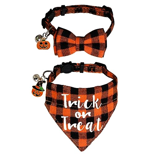 STMK Halloween-Katzenhalsbänder mit Fliege, Bandana, Glocke, verstellbares Halloween-Katzenhalsband mit Fliege, Bandana, Glocke, Kürbis für Halloween, Katzen, Kätzchen, Kostüme, Outfits, 2 Stück von STMK