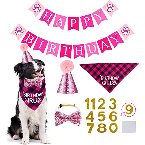 STMK Hund Geburtstag Bandana, Party Set, Mädchen Bandana Dreieckstuch mit niedlichem Nummer Hut Fliege Banner für Supplies (Pink) von STMK