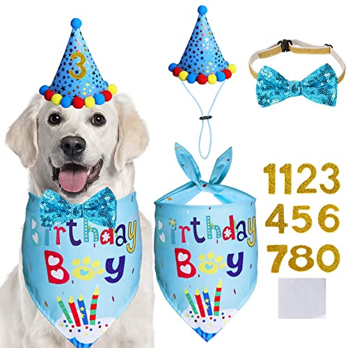 STMK Hundegeburtstags-Partyzubehör, Hundegeburtstag Junge Bandana Schal und Hund Geburtstag Party Hut mit Zahlen Hund Fliege Halsband für kleine, mittelgroße und große Hunde von STMK