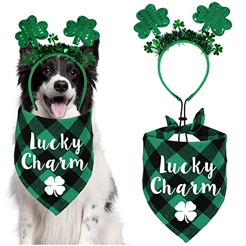 STMK Set mit 2 St. Patrick's Day Hundehalstuch-Outfits, St. Patrick's Day Kleeblatt Stirnband Plaid St Patricks Hundehalstücher Kostüme für kleine, mittelgroße und große Hunde St. Patrick's Day Kostüme von STMK