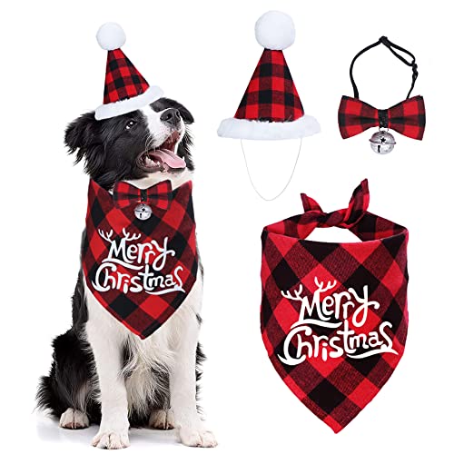 STMK Weihnachten Hund Bandana Set, Weihnachten Klassische Plaid Hund Bandana Schal Hut Fliege mit Glöckchen Kostüm Dekoration für Hunde Katzen Haustiere von STMK