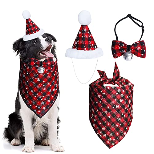 STMK Weihnachten Schneeflocke Hund Bandana Kostüm, Weihnachten Klassische Plaid Schneeflocke Hund Bandana Schal Hut Fliege mit Glocke Kostüm Dekoration für Hunde Haustiere von STMK