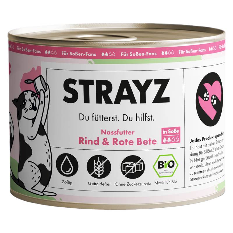 STRAYZ BIO Katze 6 x 200 g - Bio-Rind & Bio-Rote Bete in Soße von STRAYZ