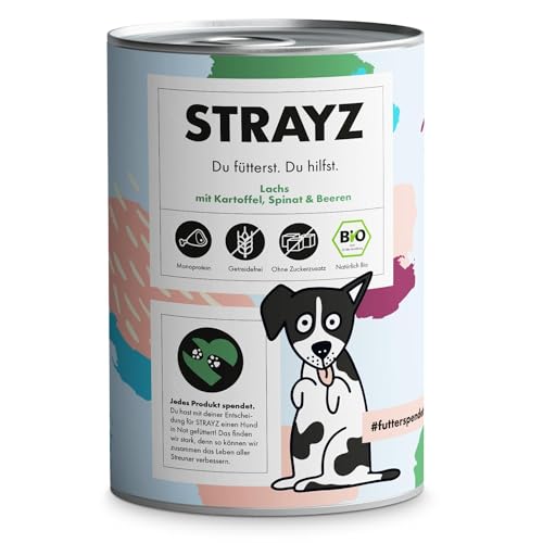 STRAYZ - Bio Hundefutter nass - Lachs mit Kartoffel, Spinat & Beeren | Nassfutter für Hunde - Getreidefrei, ohne Zucker & ohne Bindemittel (6x400g) von STRAYZ