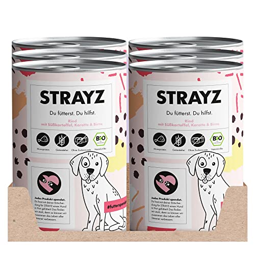 STRAYZ - Bio Hundefutter nass - Rind mit Süßkartoffel, Karotte & Birne: Getreidefreies Nassfutter - 100% Bio, ohne Zucker & ohne Bindemittel - Spendet für Straßenhunde - 6x400g Dose von STRAYZ