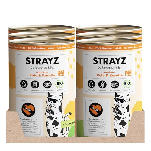 STRAYZ - Bio Katzenfutter in Soße - Pute & Karotte: Getreidefreies Katzenfutter hoher Fleischanteil ohne Zucker - Spendet für Straßenkatzen (6x400g) von STRAYZ