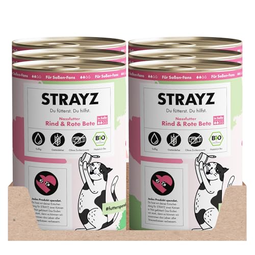 STRAYZ - Bio Katzenfutter in Soße - Rind & Rote Bete: Getreidefreies Katzenfutter hoher Fleischanteil ohne Zucker - Spendet für Straßenkatzen (6x400g) von STRAYZ