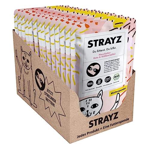 STRAYZ - Bio Katzenfutter nass - Ente & Süßkartoffel: Getreidefreies Katzenfutter hoher Fleischanteil ohne Zucker - Spendet für Straßenkatzen - 14x85g Beutel von STRAYZ