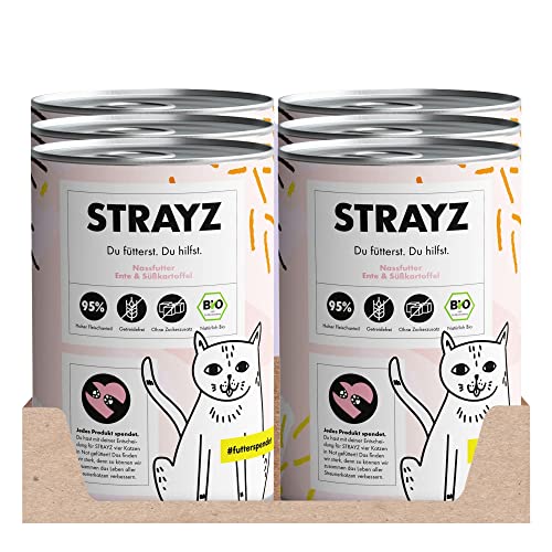 STRAYZ - Bio Katzenfutter nass - Ente & Süßkartoffel: Getreidefreies Katzenfutter hoher Fleischanteil ohne Zucker - Spendet für Straßenkatzen - 6x400g Dose von STRAYZ