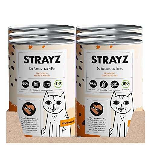 STRAYZ - Bio Katzenfutter nass - Gans & Kürbis: Getreidefreies Katzenfutter hoher Fleischanteil ohne Zucker - Spendet für Straßenkatzen (6x400g) von STRAYZ