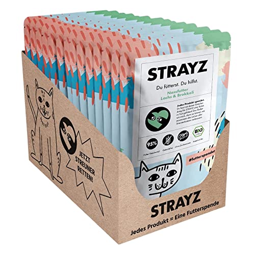 STRAYZ - Bio Katzenfutter nass - Lachs & Brokkoli: Getreidefreies Katzenfutter hoher Fleischanteil ohne Zucker - Spendet für Straßenkatzen - 14x85g Beutel von STRAYZ