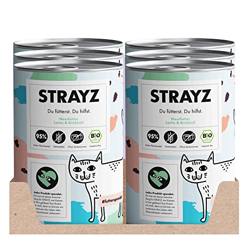 STRAYZ - Bio Katzenfutter nass - Lachs & Brokkoli: Getreidefreies Katzenfutter hoher Fleischanteil ohne Zucker - Spendet für Straßenkatzen - 6x400g Dose von STRAYZ