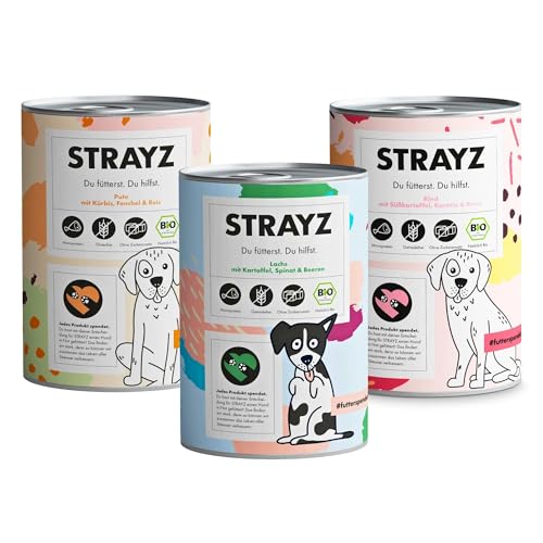 STRAYZ - Bio Hundefutter nass - Probierpaket | Rind, Pute & Lachs | Getreidefreies Nassfutter für Hunde - 100% Bio, ohne Zucker & ohne Bindemittel - 3x400g von STRAYZ