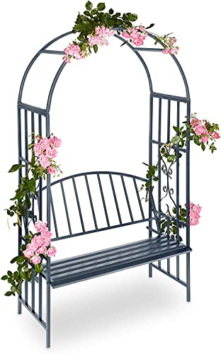 STVST Rosenbogen mit Bank, Robustes Metall, 2-Sitzer Deko-Gartenbank, Rankhilfe, HxBxT: 205 x 115 x 50 cm, Anthrazit von STVST