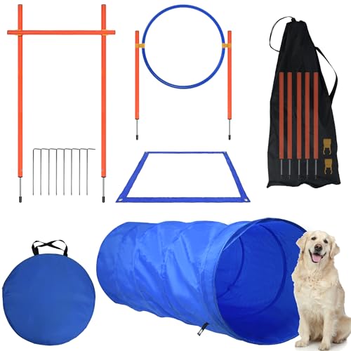 SUBTLETY Agility Ausrüstung für Hunde Groß Klein Hundetraining Spiele Agility Set mit Hundetunnel, Hürden, Slalomstangen, Springring, Pausenfeld und Tragetasche Hundeparcour Zubehör von SUBTLETY