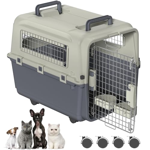 SUBTLETY Transportbox für Hunde & Katzen 67x51x58cm Kunststoff Flugzeugbox mit Handgriff, Futternapf & Windeltablett Haustiere Transportboxen mit Fenster & Räder für Kleintiere (L) von SUBTLETY