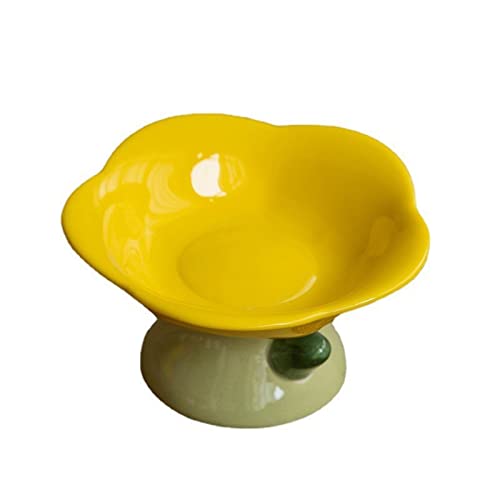 SUICRA Futternäpfe Cute Ceramic Cat Bowl Non-Slip Flower Shape High Foot Dogs Puppy Feeder Feeding Food Water Elevated Raised Dish Pet Supplies (Color : Yellow) von SUICRA