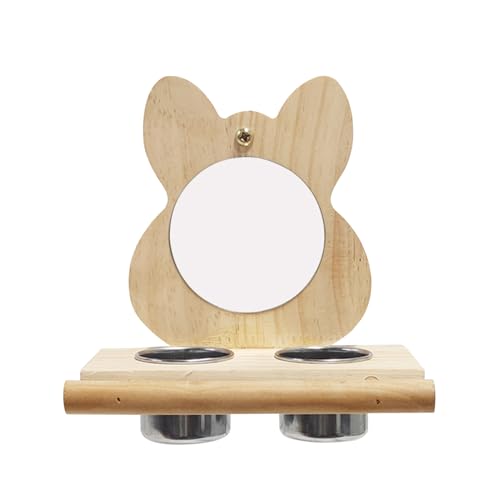 SUJOSAJU Bird Perch with Mirror and Stainless Steel Feeding Cups, Wooden Parrot Mirror Toy with 2 Feeding Cups Bird Perch for Cockatiels von SUJOSAJU