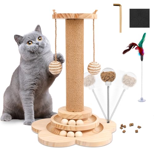 Interaktives Katzenspielzeug aus Holz,2-lagiger Drehteller Interaktives Katzen Spielzeug,3-in-1 Holzkugel-Katzenkarussell mit 40cm-hoher Kratzsäule,Rasselbällen & Feder für Katzen und Kätzchen von SUKARNE