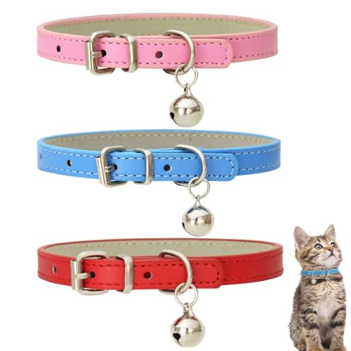 SULIUDAJI 3 Stück Leder Katzenhalsband, Sicherheitshalsband für Katzen mit elastischem Gurt, Kätzchen Band mit Glocke, rot, blau, rosa von SULIUDAJI