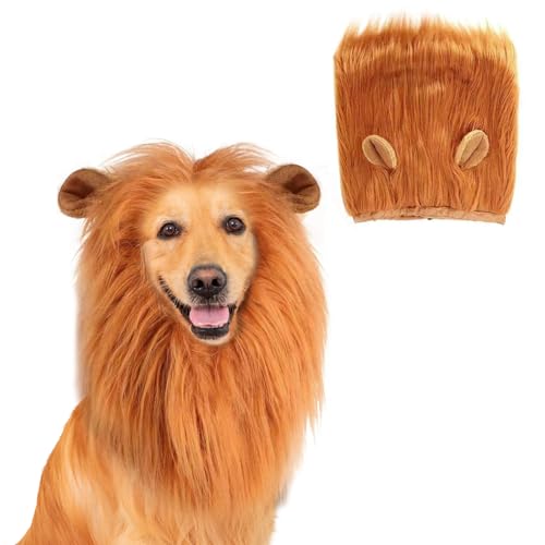 Hundeperückenkostüm, Löwenmähne Perücke für Hunde mit Ohren, verstellbare Haustier-Cosplay-Perücke für mittelgroße bis große Hunde, ausgefallenes Löwenhaar für Halloween, Weihnachten, Festivalpartys von SULIVES