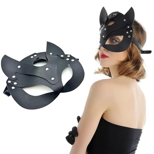 Katzenmaske, Frauen Leder Catwoman Gesichtsmaske, Sexy Half Face Eyemask für Cosplay, Kostüm Requisiten, Halloween Party, Maskerade, Karneval, Karneval Zubehör (Schwarz) von SULIVES