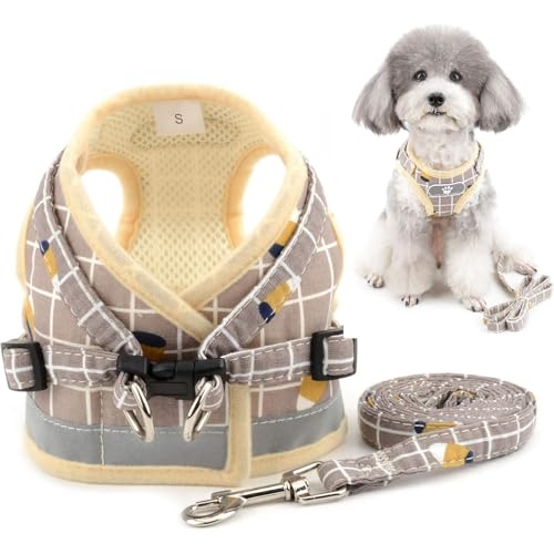 SULIVES Hundegeschirr und Leine Set No Pull Verstellbar Reflektierend Step-in Kleine Hunde Geschirr Atmungsaktiv Mesh Welpengeschirr für Kleine Mittlere Hunde, Ausbruchsicher mit 360° Drehbarem Haken, von SULIVES