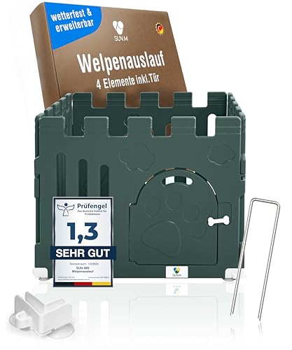 SUN-M Welpenauslauf 60cm hoch Waldgrün I 4-teilig I Welpenzaun für Garten & Wohnung I Wetterfest I Inkl. Saugnäpfe & Erdanker I Flexibler Welpenlaufstall für Hunde I - Welpengehege von SUN-M