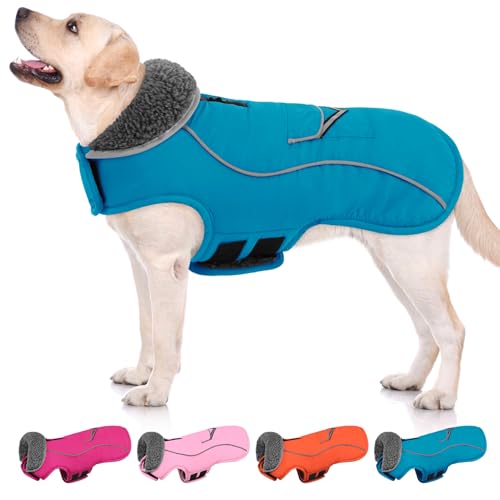 SUNFURA Großer Hundemantel, warmer Hunde-Wintermantel, XL-Hundejacke mit dickem Pelzkragen, verstellbare Hunde-Fleecejacke, Rollkragen, Schneejacke, Weste für große Hunde bei kaltem Wetter, Türkis, von SUNFURA