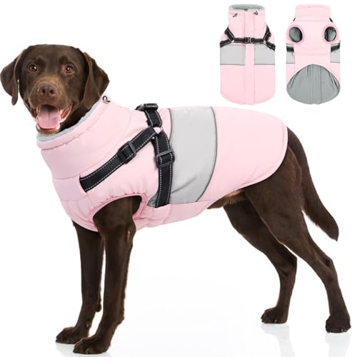 SUNFURA Hundejacke, großer Hundemantel mit integriertem Geschirr, warme Hunde-Winterjacke, mit Reißverschluss, Hunde-Schneemantel mit Pelzkragen, wasserdichte Hunde-Fleece-Jacken, Schneeanzug für von SUNFURA