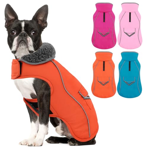 SUNFURA Kleiner Hundemantel, warme Hundejacke mit Loch für die Leine mit Reißverschluss für kaltes Wetter, reflektierender Hunde-Wintermantel, Hunde-Fleecejacke mit verstellbarem Pelzkragen für kleine von SUNFURA