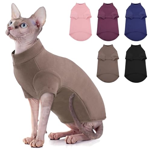 SUNFURA Rollkragenpullover für Katze, Sphynx Cats Shirt Haarlose Katzenpullover mit Ärmeln, Warmer und weicher Kätzchenpullover Fleece Winter-Pyjama Jumpsuit für Welpen Katzen, Kaffee L von SUNFURA