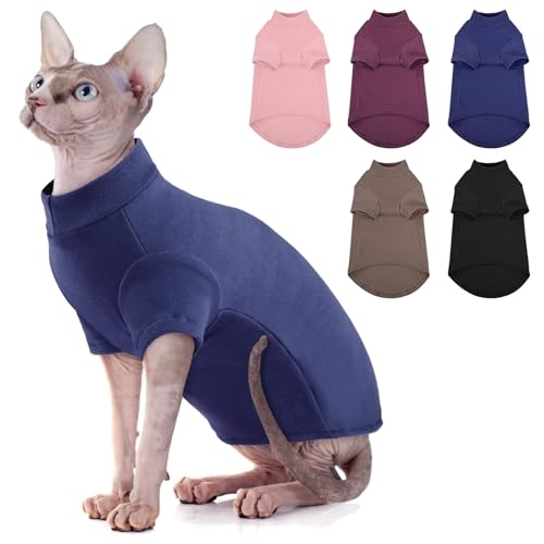 SUNFURA Rollkragenpullover für Katze, Sphynx Cats Shirt Haarlose Katzenpullover mit Ärmeln, Warmer und weicher Kätzchenpullover Fleece Winter-Pyjama Jumpsuit für Welpen Katzen, Navy S von SUNFURA