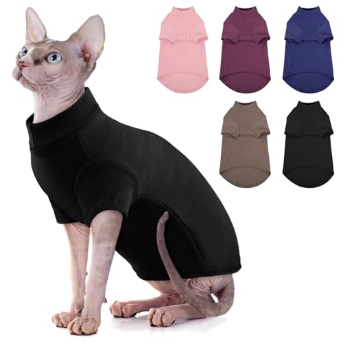 SUNFURA Rollkragenpullover für Katze, Sphynx Cats Shirt Haarlose Katzenpullover mit Ärmeln, Warmer und weicher Kätzchenpullover Fleece Winterschlafanzug Overall für Welpen Katzen, Schwarz L von SUNFURA