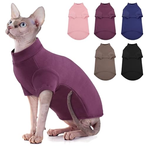 SUNFURA Rollkragenpullover für Katze, Sphynx Katzen Shirt Haarlose Katzenpullover mit Ärmeln, Warmer und weicher Kätzchenpullover Fleece Winterschlafanzug Overall für Welpen Katzen, Lila L von SUNFURA