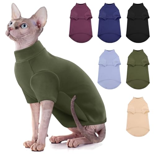 SUNFURA Sphynx Rollkragenpullover für Katzen, haarloser Katzenpullover mit Ärmeln, warmer und weicher Kätzchenpullover, Fleece, Winter-Pyjama, Overall für Welpen, Katzen, Armeegrün, Größe L von SUNFURA