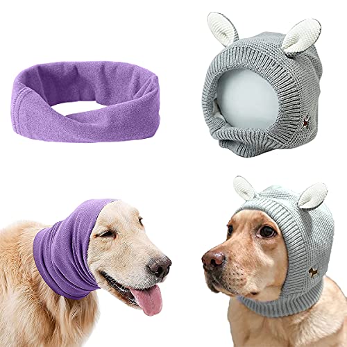 Quiet Ears for Dogs Anxiety Barking Dog Ear Covers Muffs Snood for Noise 2PCS Dog Ear Hearing Earmuffs Fireworks Protection Anti Anxiety Dog Hat for Medium to Large Dogs (Large, Purple & Grey) von SUNHUKUS