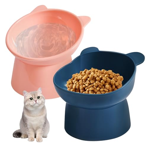 2-in-1 Katze Futternapf und Wassernapf Set, Katzennapf 2er Set, Katzennapf Erhöht mit Ständer, Futternapf Katze, Anti-Erbrechen Katzen Futternapf, Katzenfutternapf für Katzen (Tiefblau+Pink) von SUNOYA