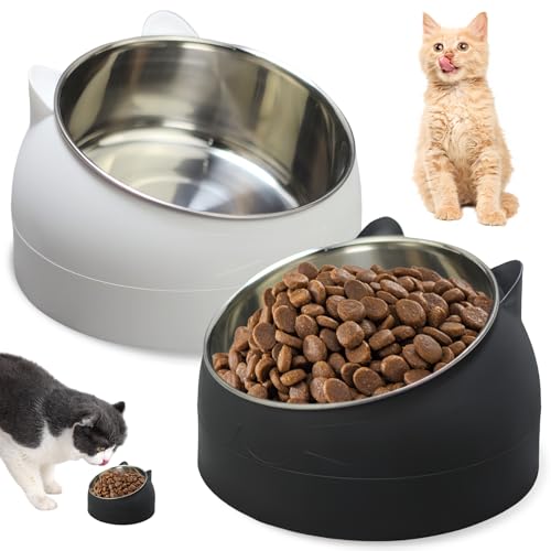 2 x Katzennapf Edelstahl, Futternapf Katze, Fressnäpfe für Katzen Edelstahl, 15° Geneigter Erhöhter Katzen Futternapf, Futterschüssel Katze, Fressnapf für Katze Hunde, Edelstahlnapf 400ML von SUNOYA