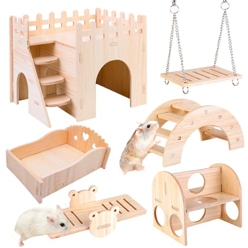 SUNOYA Spielzeug für Hamster aus Holz - 6 Stück DIY Hamster Spielzeug - Hamster Versteck Haus Brücke Wippe Schaukel Trainingspielzeug, Hamster Zubehör für Den Käfig für Rennmäuse Ratten Zwerghamster von SUNOYA