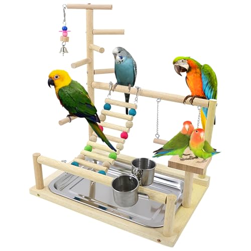 Wellensittich Spielplatz Vogel-Spielplatz, Papageienspielständer Mit Feeder Cup Und Tablett, Vogel-Papageien-Spielzeug, Papageien Vogel Spielplatz, Holzpapageienspielzeug (44x37x26 cm) von SUNOYA