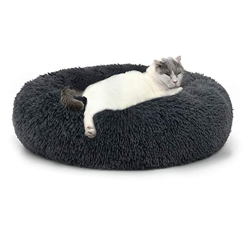 Beruhigendes Katzenbett, Donut-Kuschelnest, warm, weiches Plüschkissen für Hunde und Katzen, mit gemütlichem Schaumstoff, rutschfeste Unterseite, für kleine, für drinnen und draußen, Grau von SUOXU