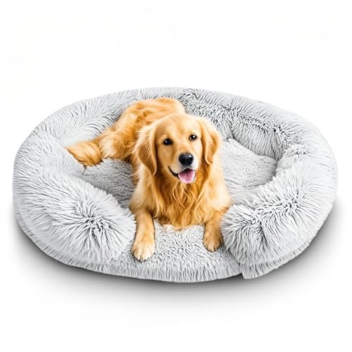 SUOXU Hundebett, Haustierbett, abnehmbar, waschbar, rund, orthopädisch, rutschfeste Unterseite, flauschig, beruhigend, beruhigendes Hunde- und Katzenbett (Grau, Größe XL - 90 cm) von SUOXU