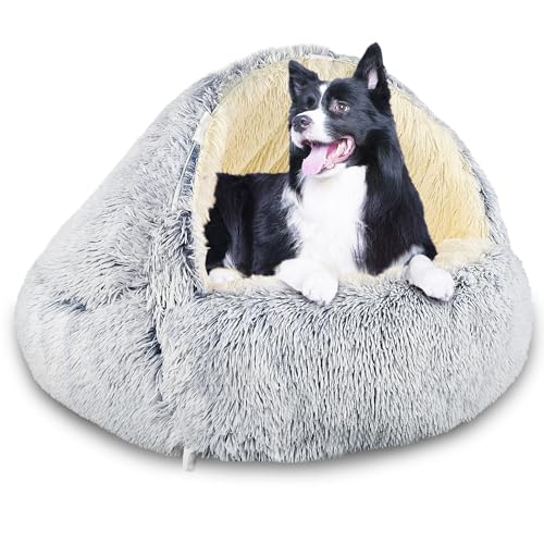 SUOXU Hundebett mit Kapuze und Stützen, Deluxe-Plüsch-Hundehöhlenbett für mittelgroße und kleine Hunde, beruhigendes Anti-Angst-Haustierbett, Abnehmbarer, waschbarer Bezug und rutschfeste Unterseite von SUOXU