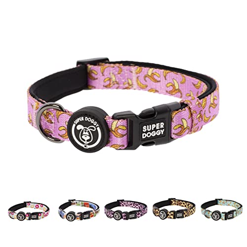 Hundehalsband Nylon Verstellbar - für Kleine, Mittel & Große Hunde - Halsband Hund Katze Welpe - Verstellbares, Weich & Komfort - zum Wandern oder Radfahren (L (40-65cm), Pink Bananas) von SUPER DOGGY