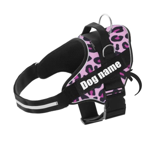 SUPER DOGGY Personalisiertes Hundegeschirr - Reflektierendes und sicheres Hundegeschirr - Brustgeschirr mit 2 Namensschildern - Geschirr für kleine, Mittlere und Große Hunde (Pink Leopard, L 21-32KG) von SUPER DOGGY