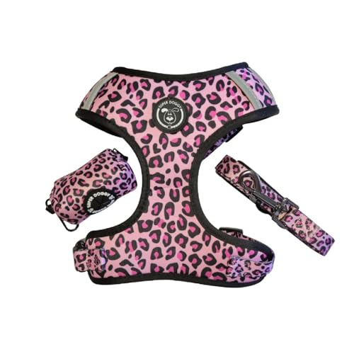 SUPER DOGGY Hundegeschirr, gegen Ziehen, Leine und Tasche, atmungsaktives Geschirr für kleine und mittelgroße Hunde, Geschirr und Leine mit Sicherheit und Sichtbarkeit (Pink Leopard, L (11-20 kg) von SUPER DOGGY